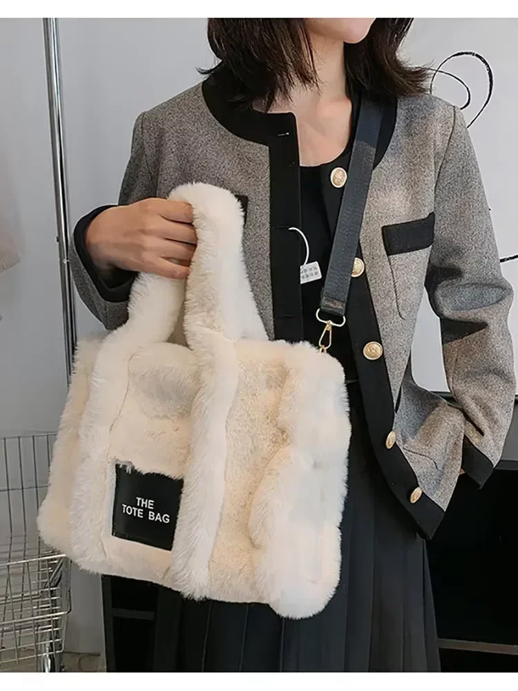 Fashion Faux Fur Tote Bag for Women Luxury Designer Handbag Winter Plush Shoulder Bag Crossbody Bags Large Capacity bolso mujer