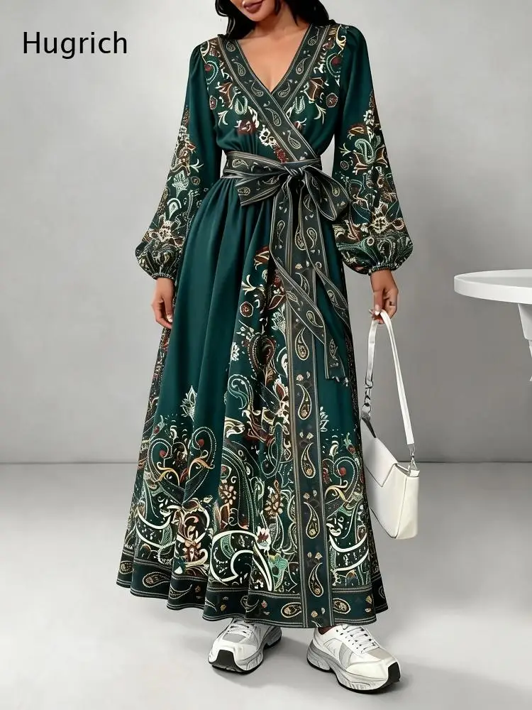 Print Wrap Maxi Dress with V Neckline Long Balloon Sleeves and Matching Belt Elegant Design for Daily and Semi Formal Wear