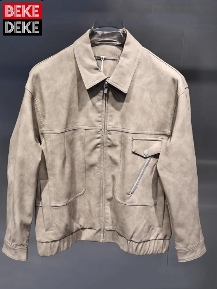 

British Style Vintage Mens Pu Leather Jacket Zipper Turndown Collar Casual Outerwear Loose Fit Autumn Long Sleeve Cargo Coat