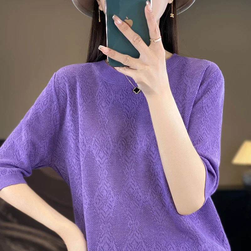 Round Neck Imitation Wool Half Sleeved Women's New Summer Thin Solid Color Fashionable Basic Style Pullover Knitted T-Shirt Top