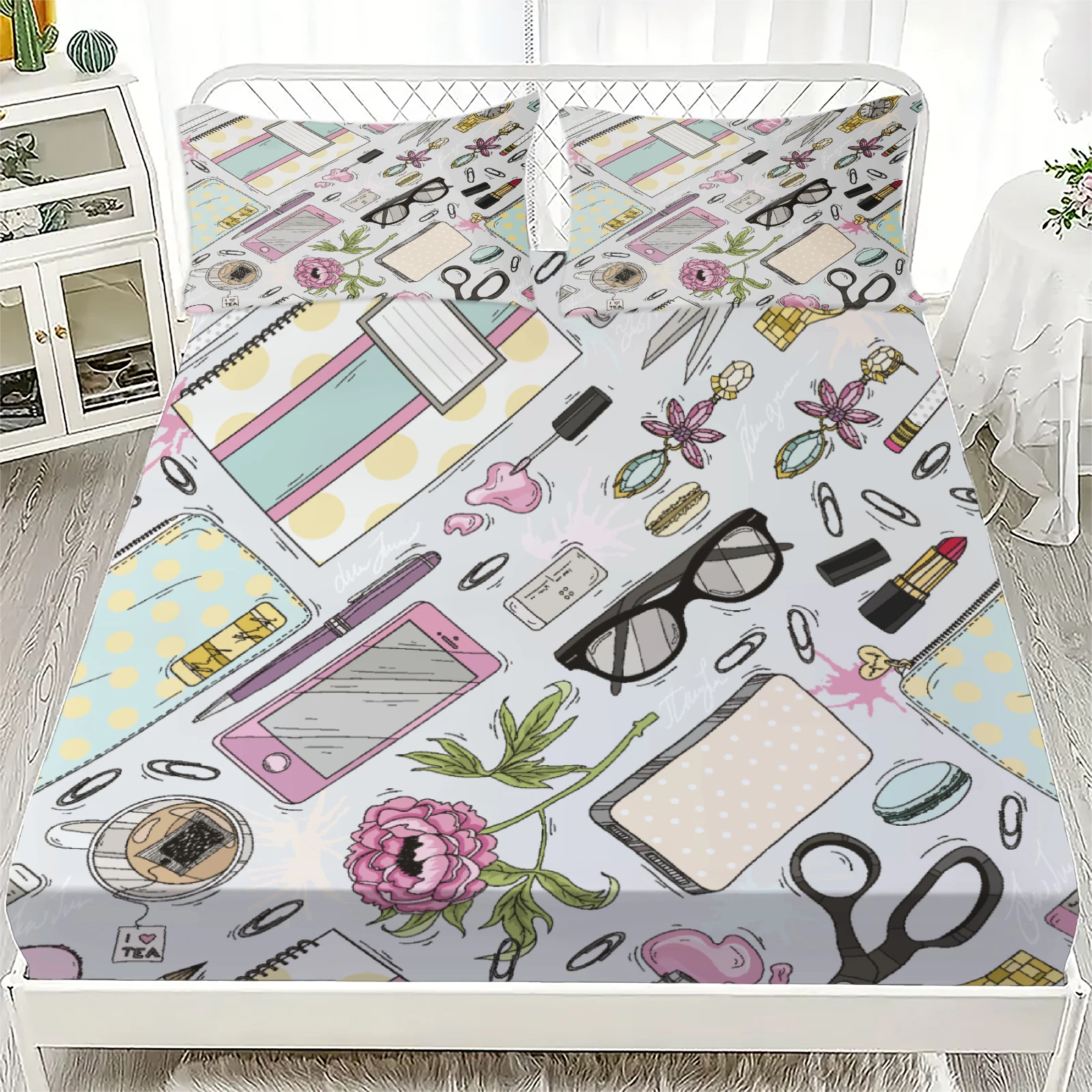 3pcs Soft Pink Fitted Sheet Set Gifts For Girls Beauty Tools And Flowers Pattern Printed Polyester Flat Sheet With 2 Pillowcases