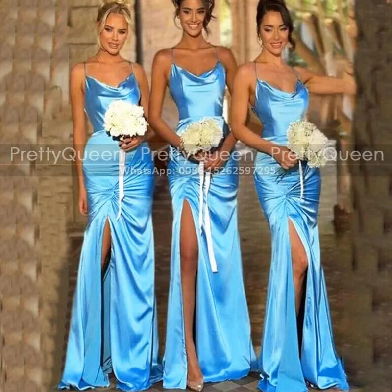 Blue Spaghetti Straps Bridesmaid Dresses Pleat Mermaid Side Split Customized Sheath Wedding Party Dress For Women