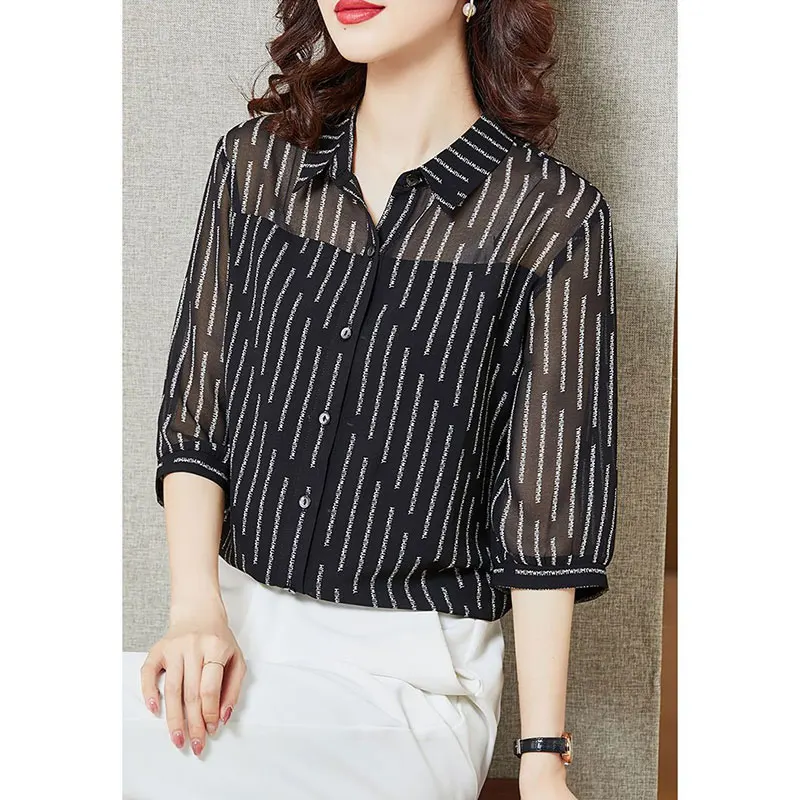 Polo Collar Shirt for Women Simplicity Printing 3/4 Sleeve Shirts Office Clothes Elegant All-match Loose Tops Summer Fashion