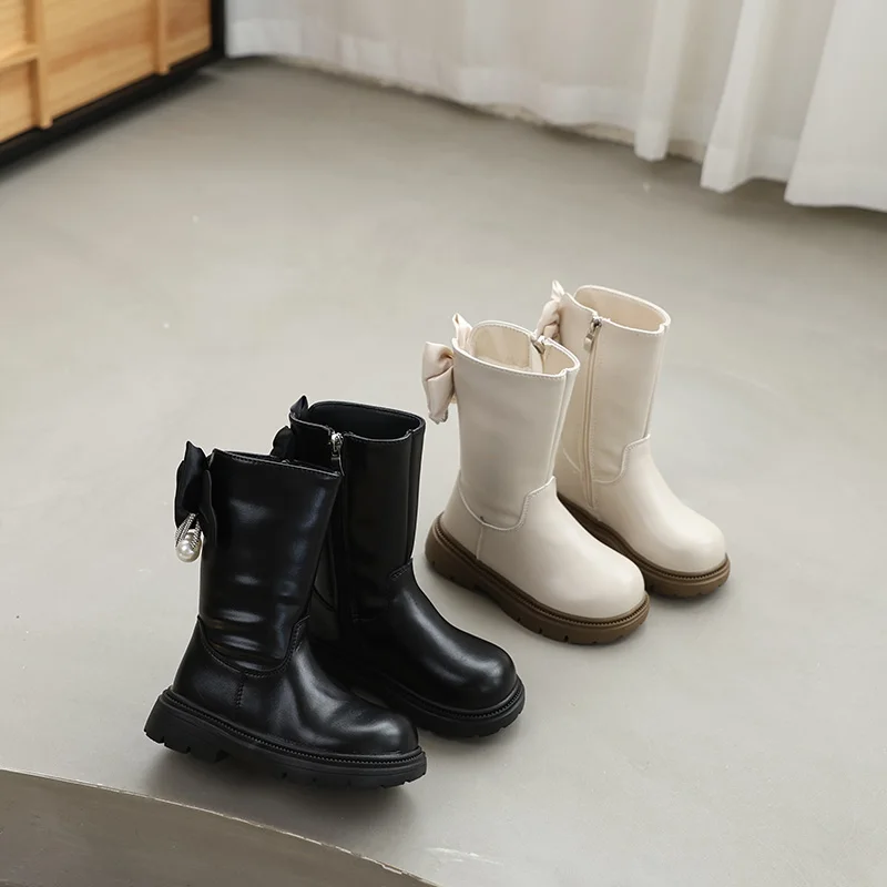 

Новинка 2024, модные высокие сапоги для девочек, весенне-осенние детские повседневные ботинки для выступлений принцессы, детские школьные сапоги до середины икры с бантом