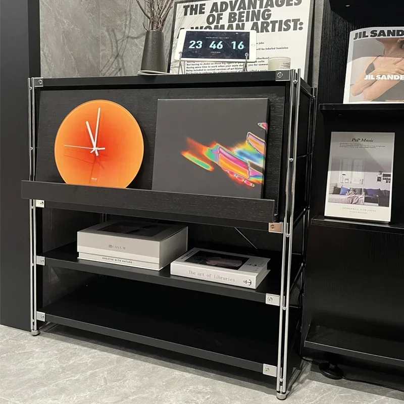 

-Customized stainless steel black flip door magazine cabinet ins art Bauhaus living room storage side cabinet Japanese floor she