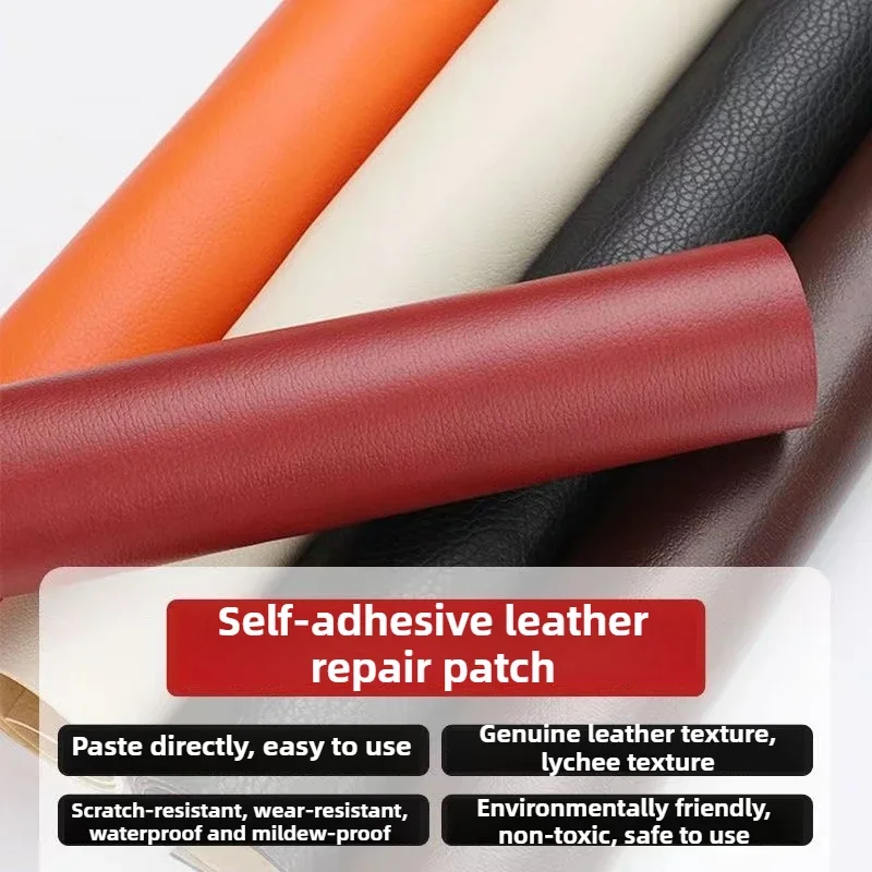 Self Adhesive Leather Fabric Lichee Pattern By The Meter for Sofa Cushion Car Seat Patch Sewing Waterproof Wearable Cloth Brown