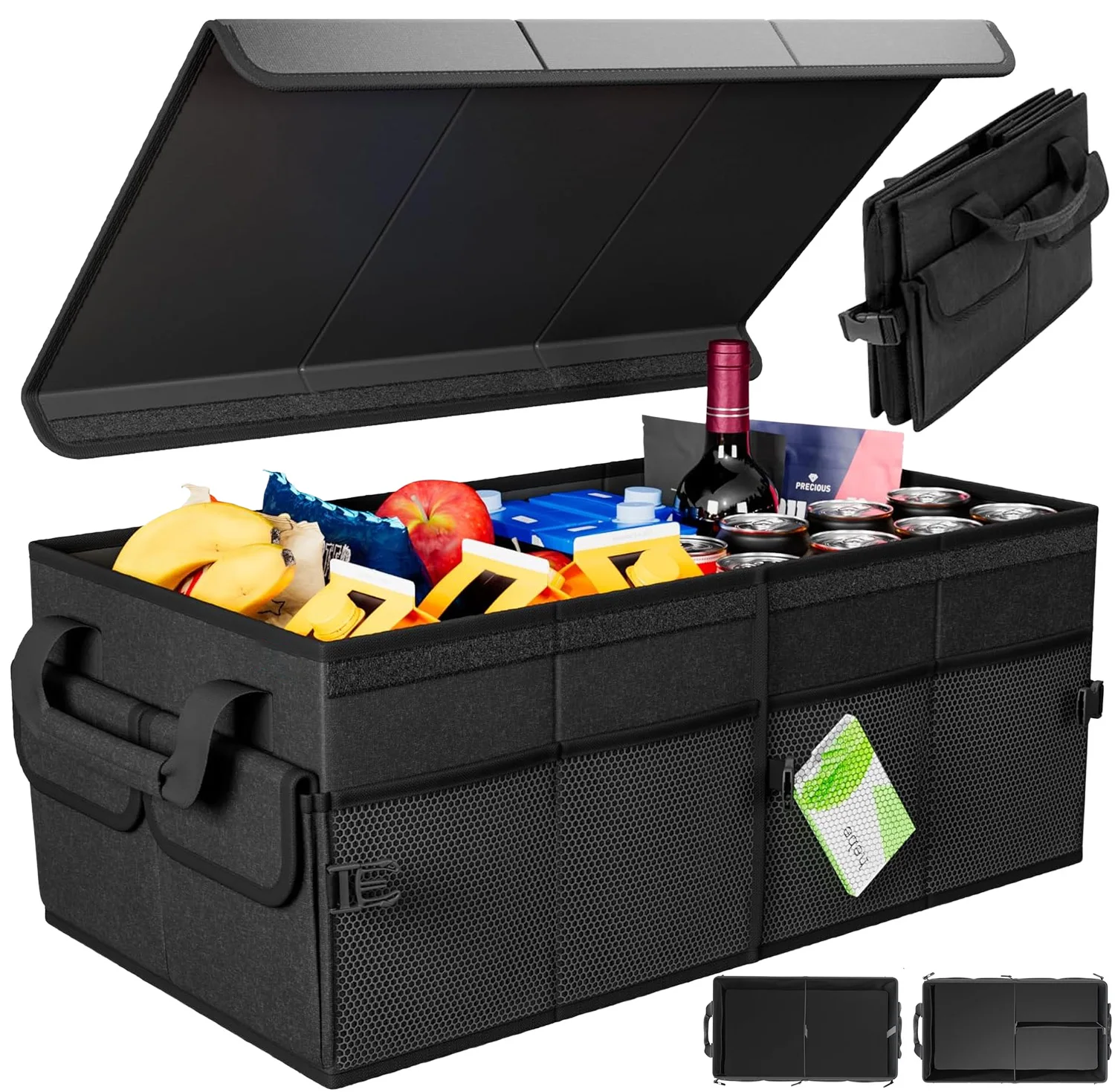 Faltbare Auto-Aufbewahrungsbox, Kofferraumtasche 45L, Kofferraumtasche mit 3 Fächern, mehreren Taschen und Deckel für Kofferraum, Büro, Zuhause