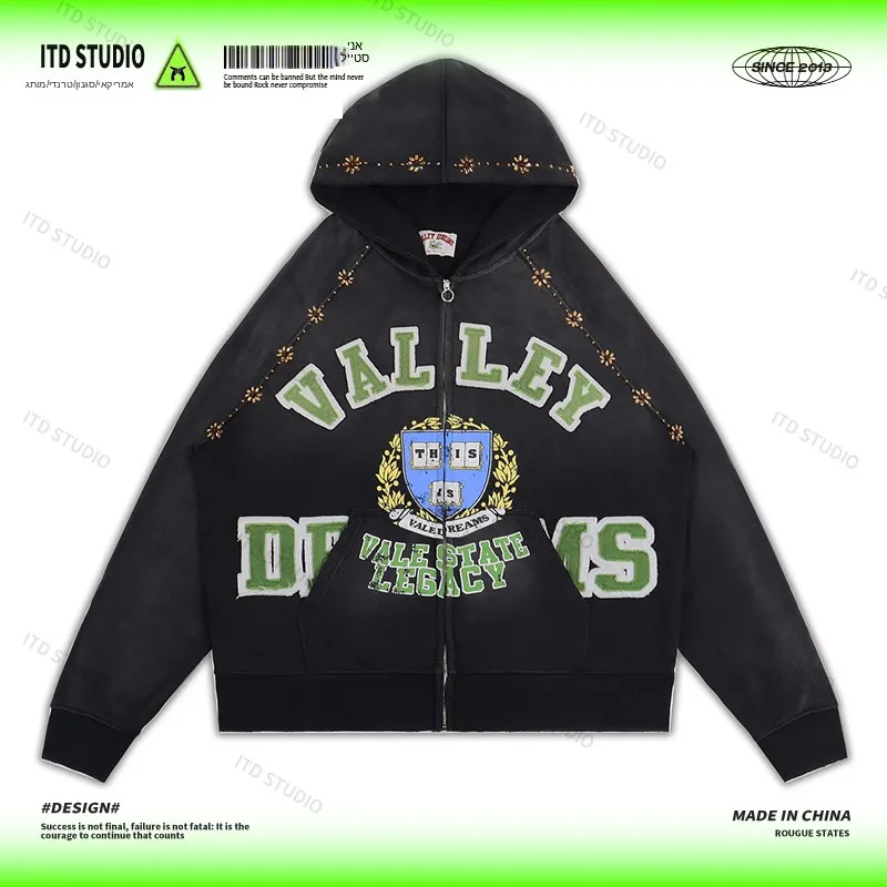 Valley Series Heavyweight American College Retro Embroidered Rhinestone Printed Distressed Hoodie Casual Fashion Sweatshirt