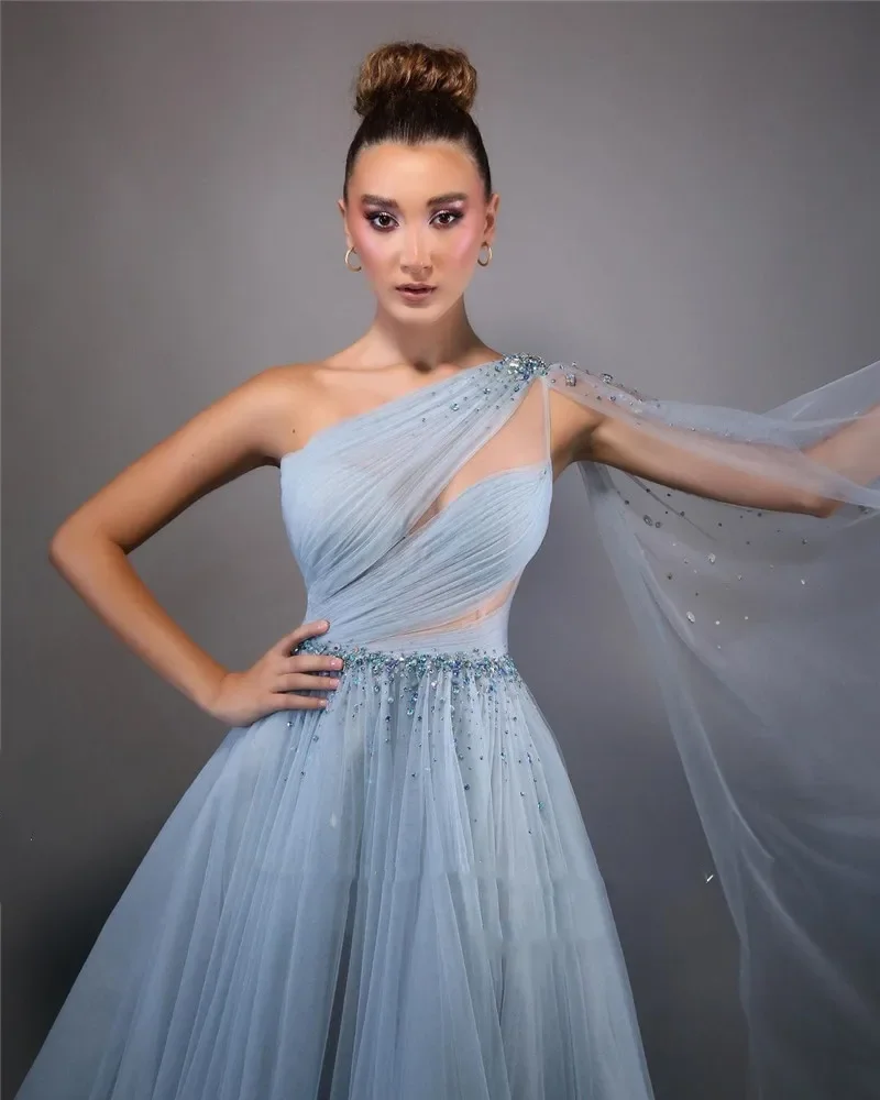 Personalised blue Party dress Cut-out single rotator sleeve tulle crystal pearl pleated floor-length evening gown فساتين السه