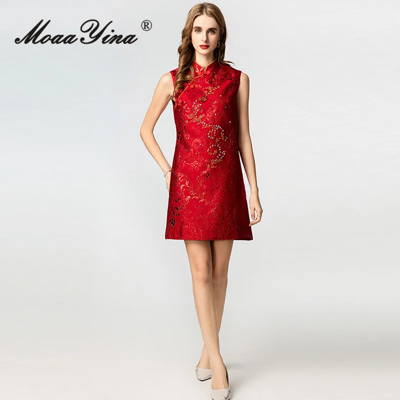 

MoaaYina 2025 Spring And Summer Chinese Style Stand Up Collar Print+Beaded Knee Length Loose Feature Dress