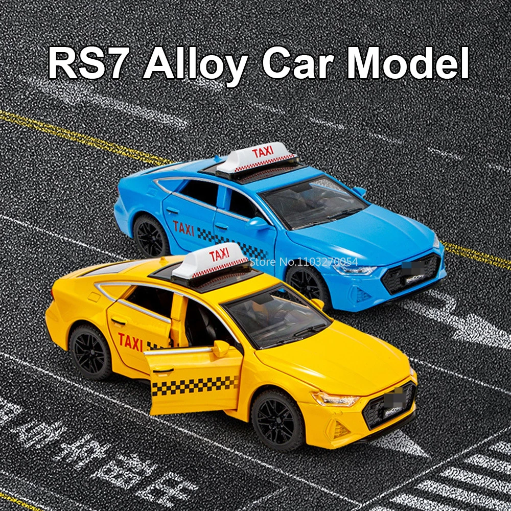 1/32 RS7 Taxi Car Model Toy Simulation Alloy Diecast Metal Body Sound Light Pull Back Function Vehicle Kids Decorative Ornaments