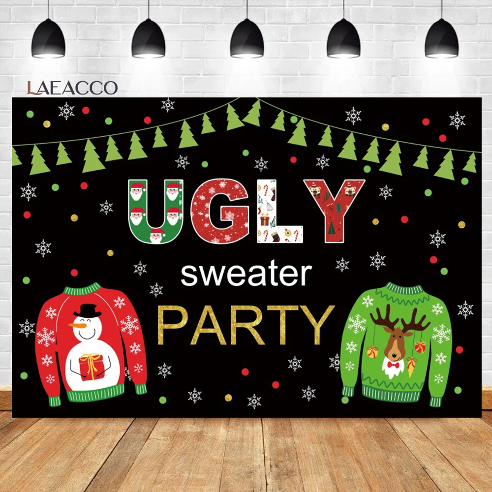 Laeacco คริสต์มาสน่าเกลียดเสื้อกันหนาว Party Photocall สีดำพื้นหลังหิมะ Baby ภาพโปสเตอร์ที่กำหนดเองการถ่ายภาพฉากหลัง