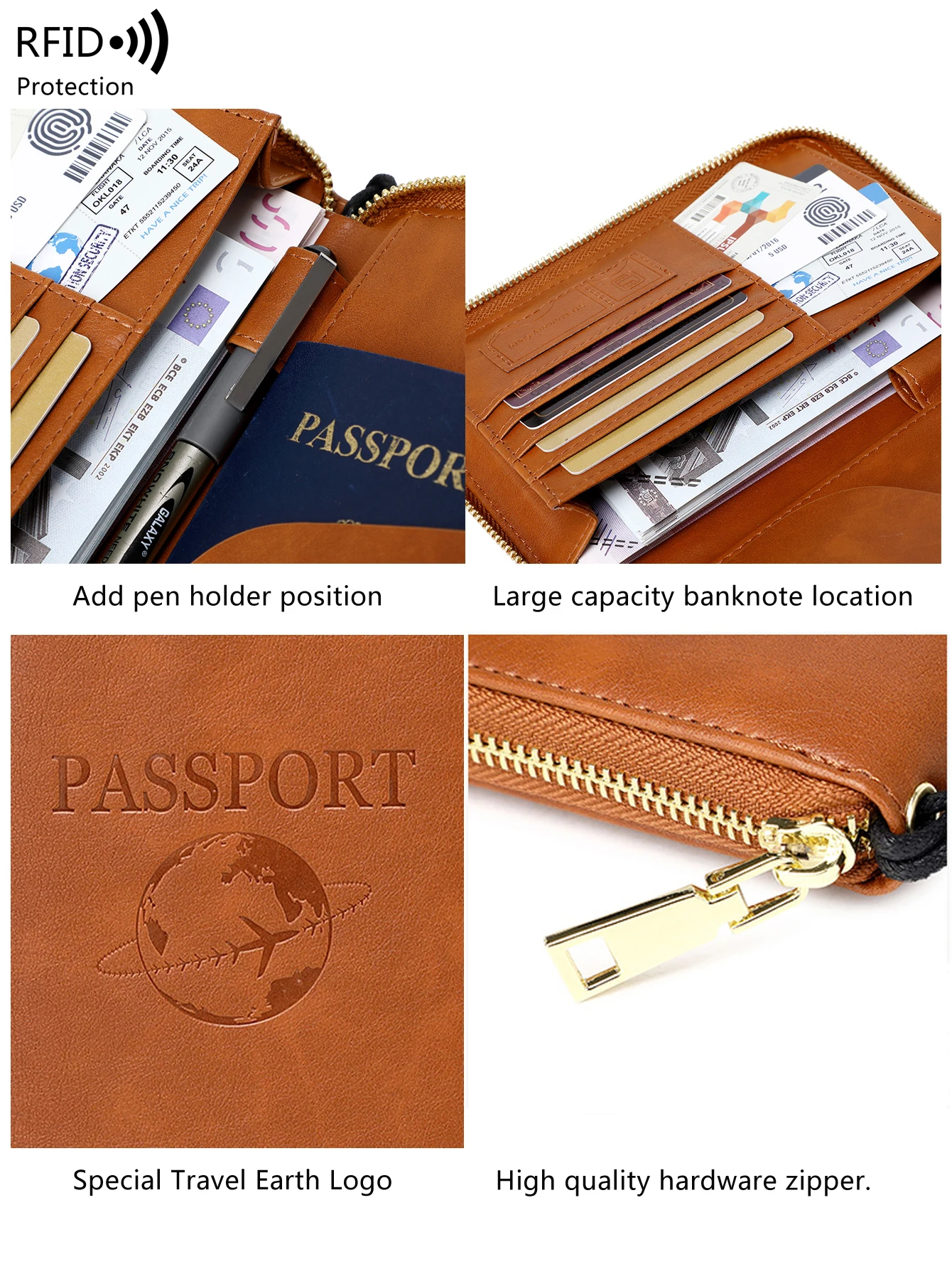 Fashionable and simple RFID multifunctional portable airplane pattern ticket clip PU leather credit card travel zipper wallet