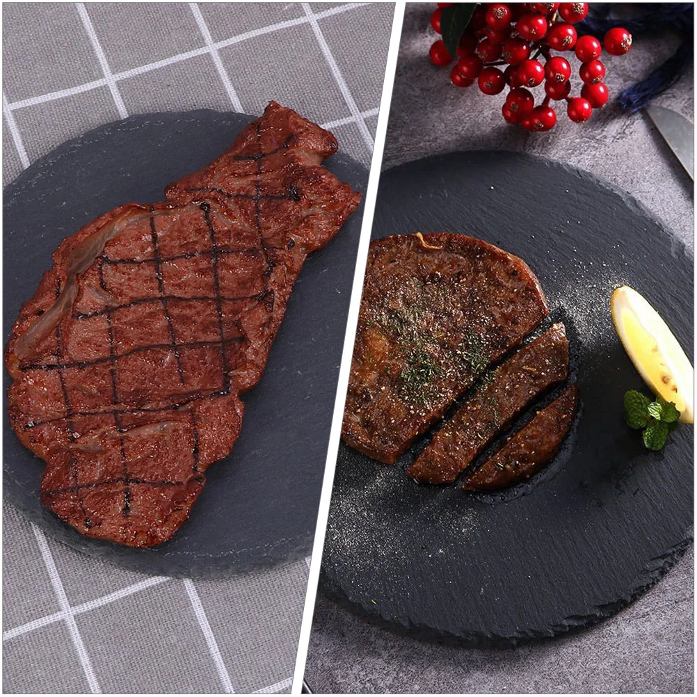 2Pcs Multifunction Tray Slate Dinner Plate Cutlery Food Charcuterie Board Natural Utensil Cafeteria Round Drinks Tea Hot Set