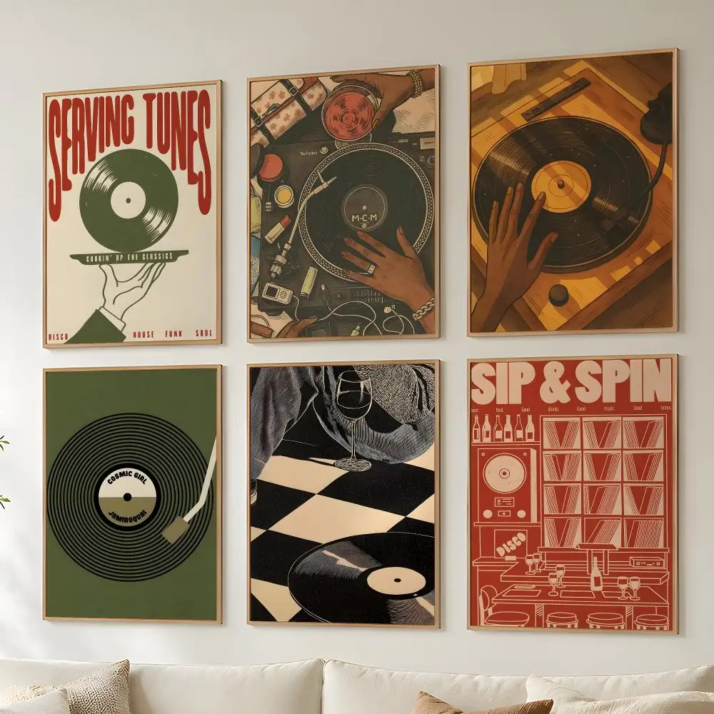 Retro Black Woman Vinyl Record Player Poster Wall Stickers Self Adhesive Painting Art Decals for Bedroom Living Room Home Decor