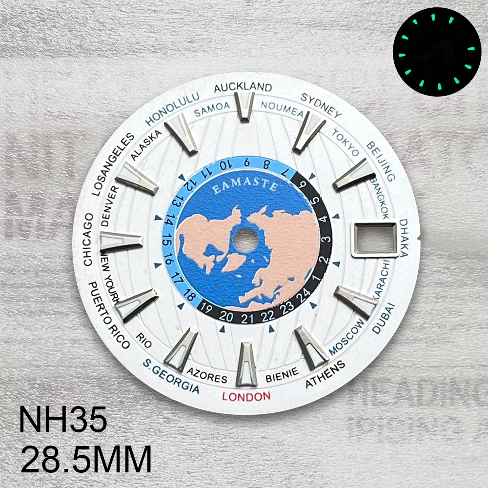 28.5mm S Logo World Map Dial Fit NH35/NH36/4R/7S Japanese Automatic Movement Green Luminous Watch Modification Accessories