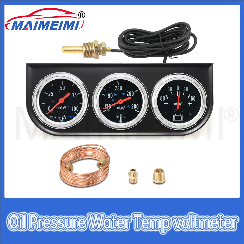 

2" Chrome Panel Oil Pressure Water Temp Amp Meter Triple Auto Gauge Set with Black Face 3 in 1 Gauge Kit