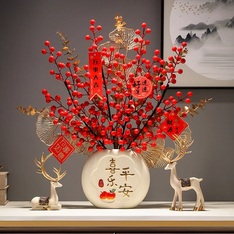 

New Chinese entrance decoration with ceramic vase suitable for living room, moving, wedding (peace, joy, wealth fruit gift)