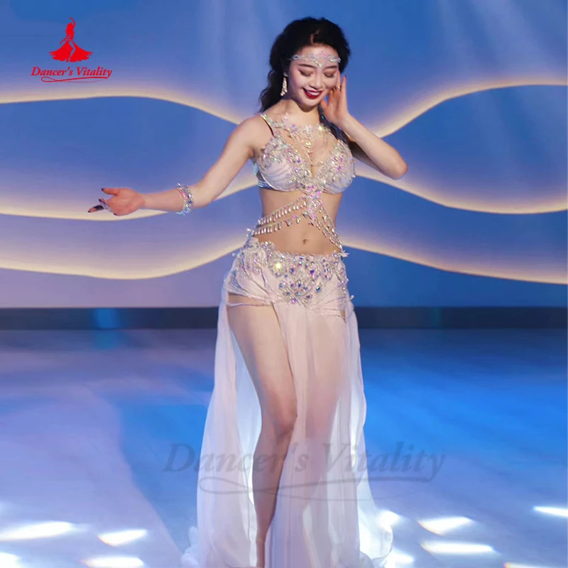 Bellydance Competition Custome Suit Custgomsized Adult Children AB Stones Bra+spling Long Skirt 2pcs Belly Dancing Wear Outfit