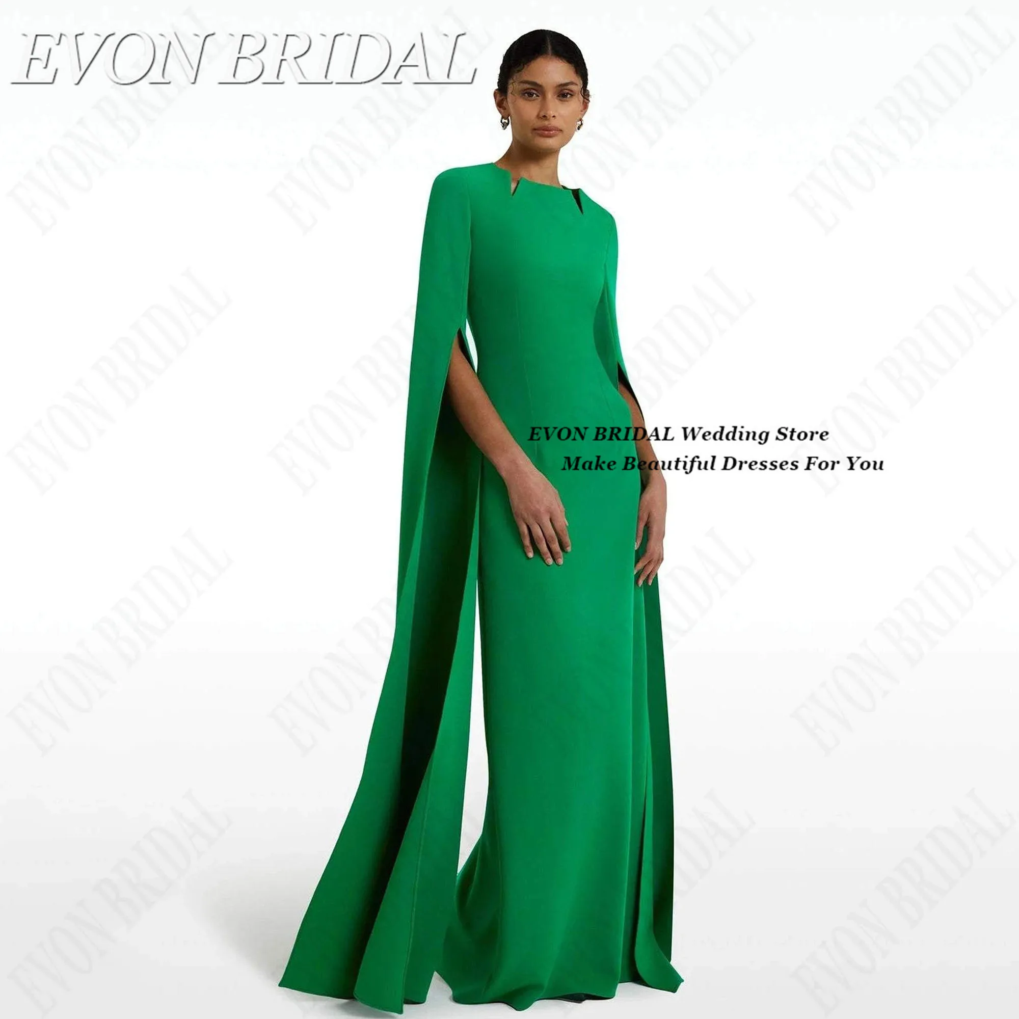 

Long Elegant Evening Dress Customized Solid Cloak Sleeve Prom Dress Split simple Green Round Neck Evening Gown EVON BRIDAL