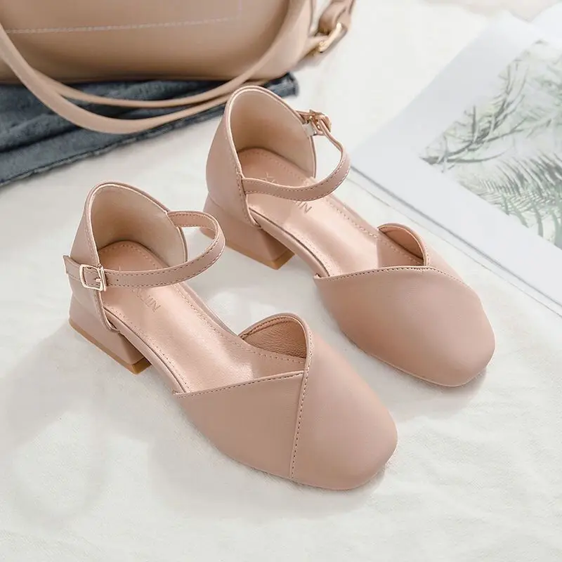 Summer 2024 Women\'s Shoes Pearl Square Heels for Office Work Medium Sandals Woman Footwear H on Offer Designer Luxury Original