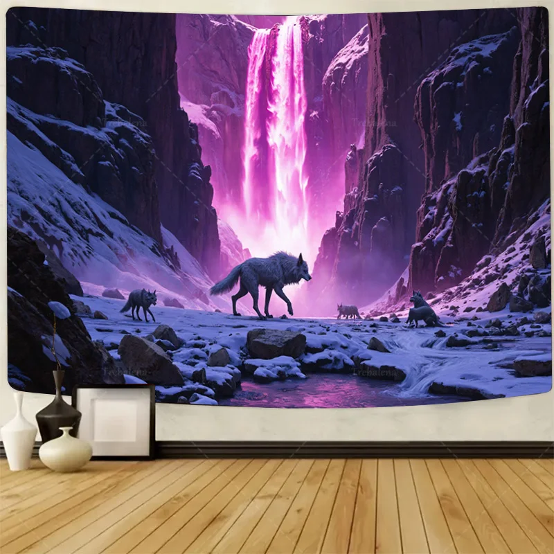 

1шт настенный гобелен "Фантазийные волки в снежном каньоне с розовым водопадом гобелен"