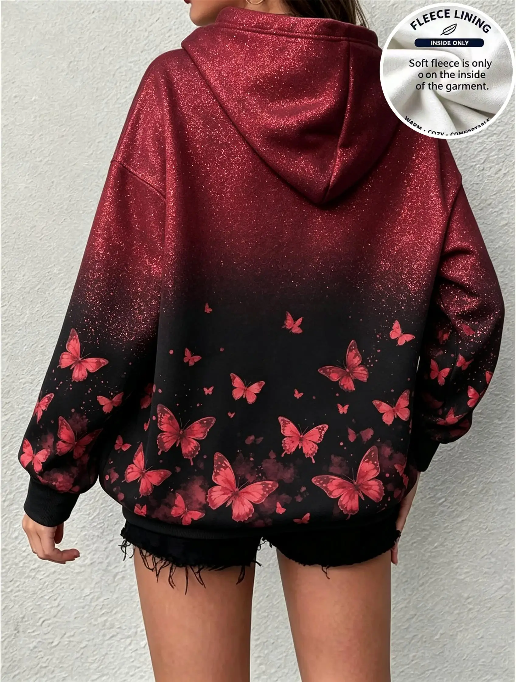 Women Fleece Hoodie Pink Black Gradient Glitter Butterfly Back Print Long Sleeve Drawstring Pocket Hooded Sweatshirt