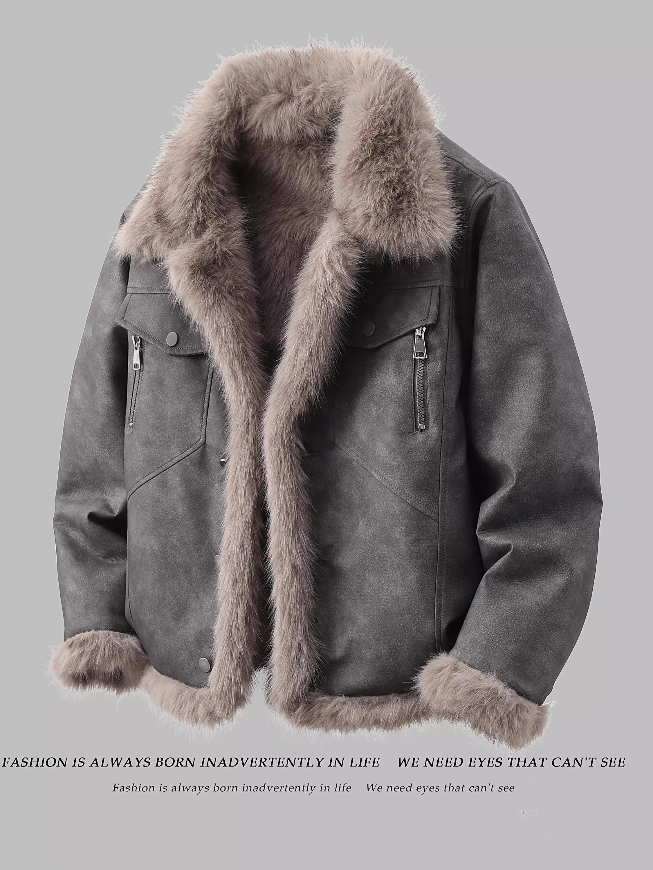 

High-End Lamb Velvet Men's Jaet Thi Warm Fur Collar Inteated Leather Coat Youth Casual Long Sve Stand Fit Cleanfit