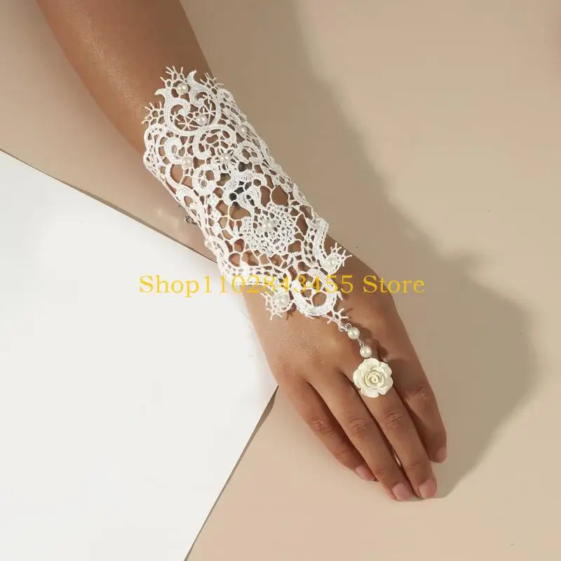 49MC 2colors Women Rose Beads Flower Lace Gloves Goth Adjustable with Ring Long Bracelet Wedding Bridal Accessories