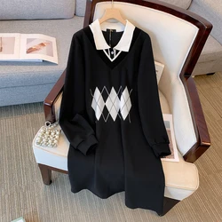 Plus-size Women's Fall Casual Commute Loose Comfort dress Black cotton print lapel button long-sleeved mid-length dress clothes