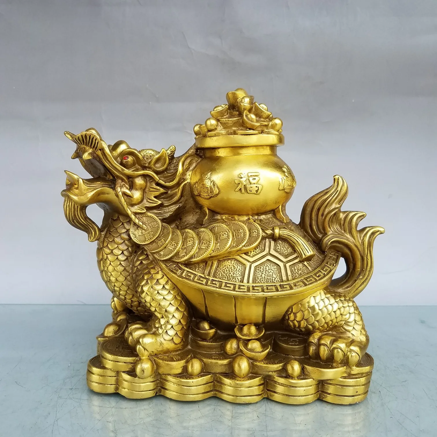 Asia HOME SHOP Company FENG SHUI Mascot exorcise evil spirits Dragon turtle bring wealth money Good luck brass Sculpture