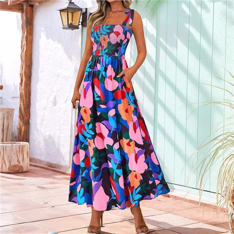 A83F-Vestito lungo estivo da donna senza maniche smock Boho con cinturino per spaghetti A Line Flowy Beach Long Sundress