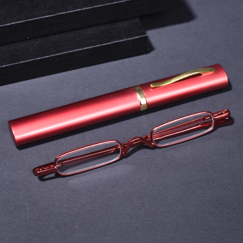 Roter Rahmen, Metallrahmen, Mini-Presbyopie-Brille, für Damen und Herren, Harzlinsen, tragbarer Stifthalter, ultrakleine Lesebrille +1,5 +2