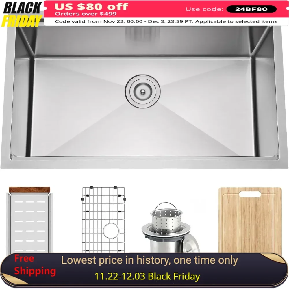 32 Inch Stainless Steel Workstation Kitchen Sink 16 Gauge Undermount Deep Single Bowl Rectangular Sinks with Integrated Ledge