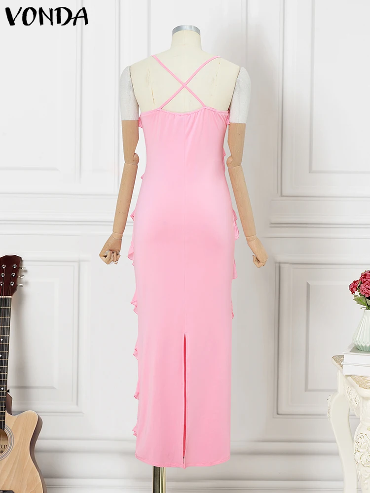 2025 Abito estivo Donna Sexy scollo a V senza maniche Party Vestito estivo Moda cinturino in tinta unita Abiti da sera Casual Robe Femme VONDA