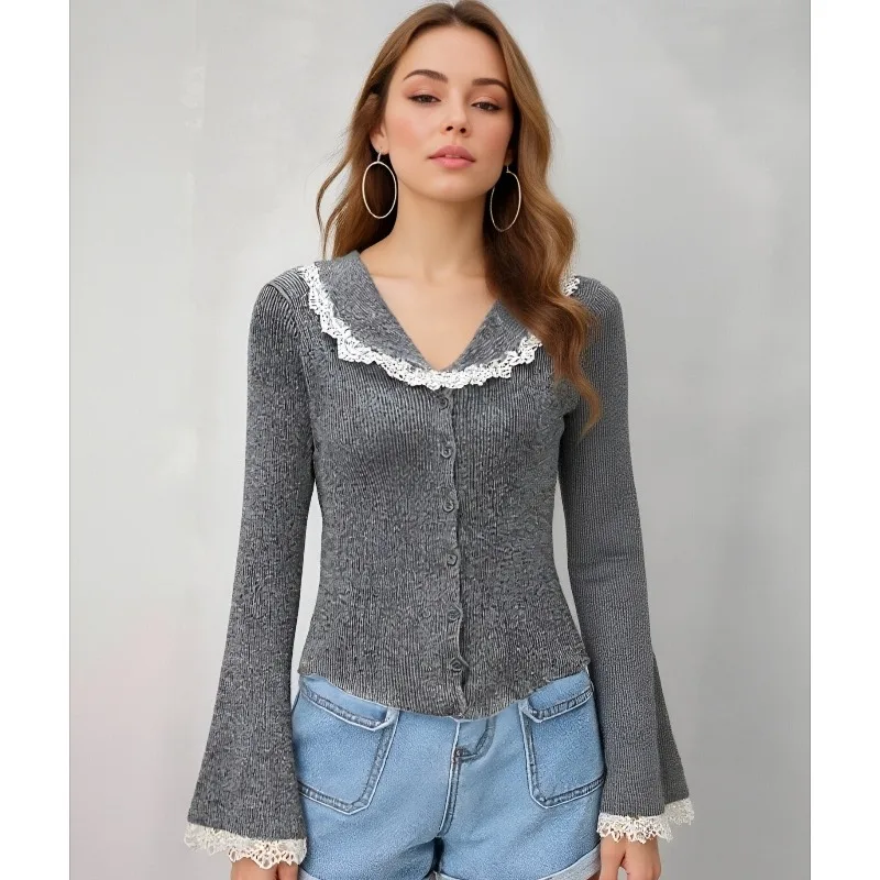

Korean Solid Color Sweet Lace Slim Fit Turn-down Collar Women's Knitted Sweater Autumn and Winter Casual Long Sleeved Cardigan