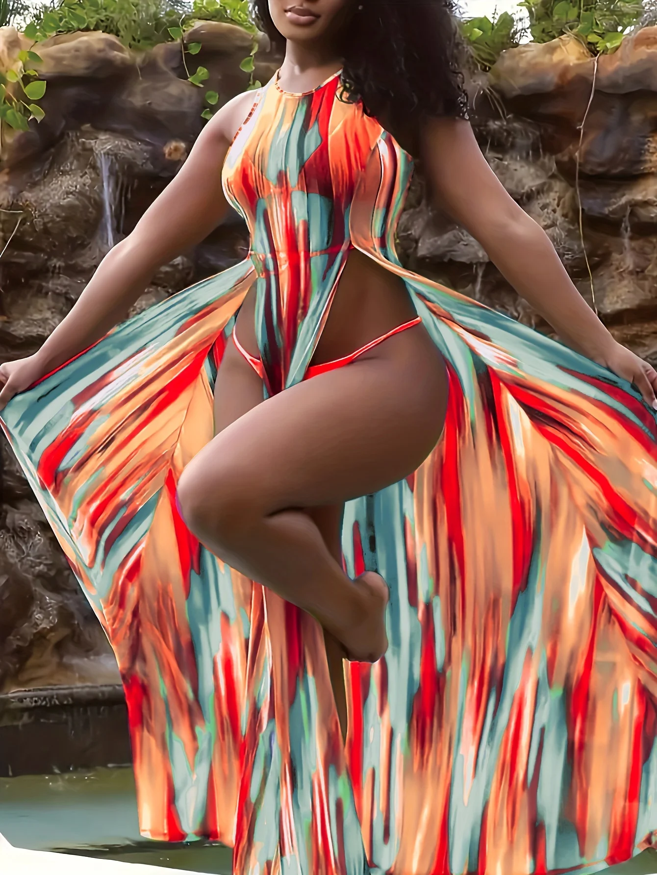 فستان شاطئ مثير بدون أكمام بفتحة شفافة مقاس كبير