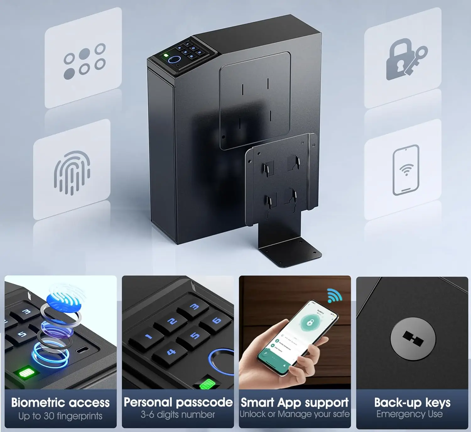 Gun safe, Biometric Slider safe for handgun, 4 Ways Unlock with Fingerprint, Key Access, PIN Code, Mounted Nightstand Pistol Saf