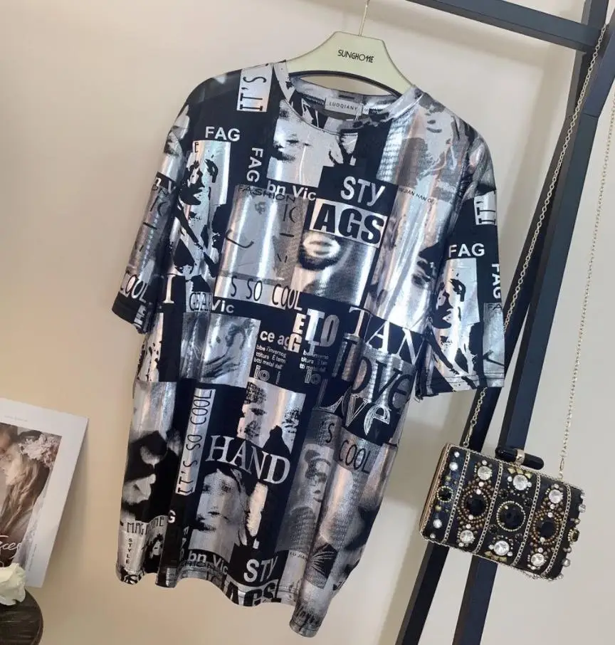 ShinyOversized Loose style Bling Shiny Sequined Women T-shirt O-neck short sleeve Jumper Ladies Pullover Plus size Casual Female