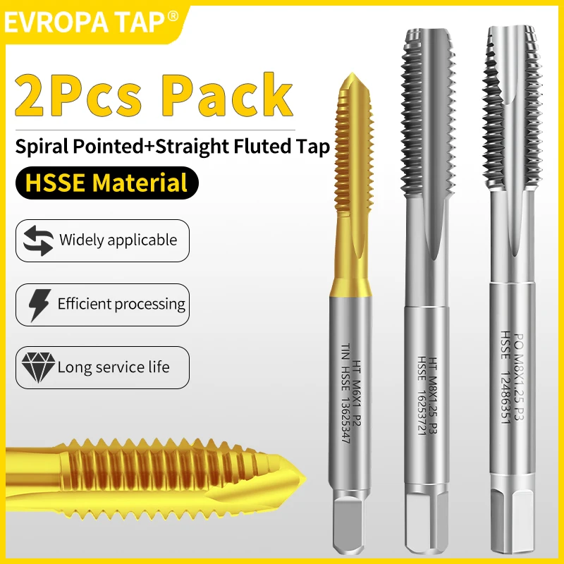 EVROPA 2pcs HSS Machine Tap Set M2-M12, Spiral Point & Hand Taps Combo, TiN/TiCN/Bright Coated Internal Threading Tools