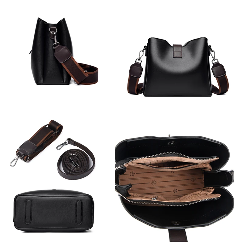 Luxury first-layer cowhide bag, large-capacity bucket genuine leather women's bag, crossbody bag, fashionable shoulder bag