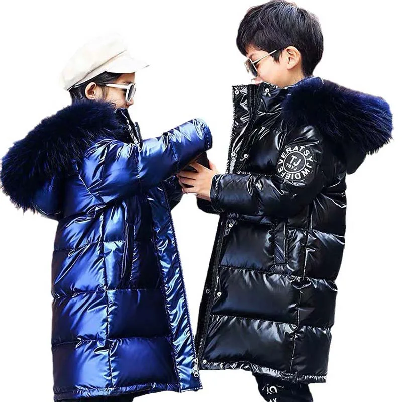 Boys And Girls Winter Padded Jacket Long Down Jacket Children\'s Padded Jacket Thick Warm Bright Leather Waterproof Coat