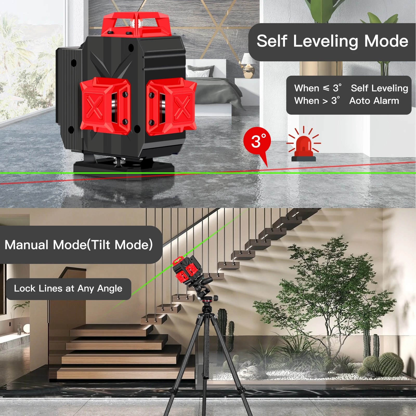 16 Lines Laser Level Self Leveling,4x360° 4D Cross Laser Level,2 Rechargable Li-ion Battery,Green Laser Levels Used ure