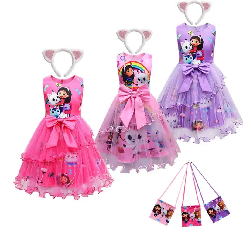 

Bear House AA Summer Girls Dress Short Sleeve 's D-dollhouse Princess Gabby Cat Mesh Tutu Skirt Children's New 2025 WKD001