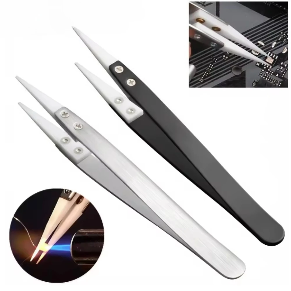 

1/3pcs Ceramic Tweezer for Solder Stainless Steel Anti-Static Reverse Acid Resistant Electron Precision Chuck Ceramic Tweezers