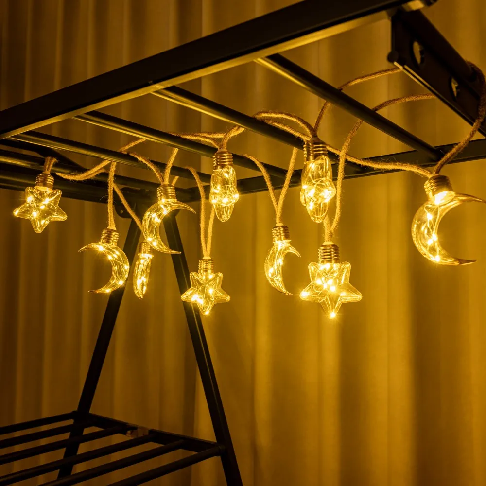 1PC 5M10LED Solar Powered Hemp Rope Star Moon String Lights LED Fairy Light,used for Ramadan Patio Garden Home Party Eid Decor