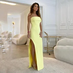 Msikoods Yellow Satin Prom Dress Simple Woman Wedding Party Dress Customized Floor-length Side Split Elegant Evening Dress Women