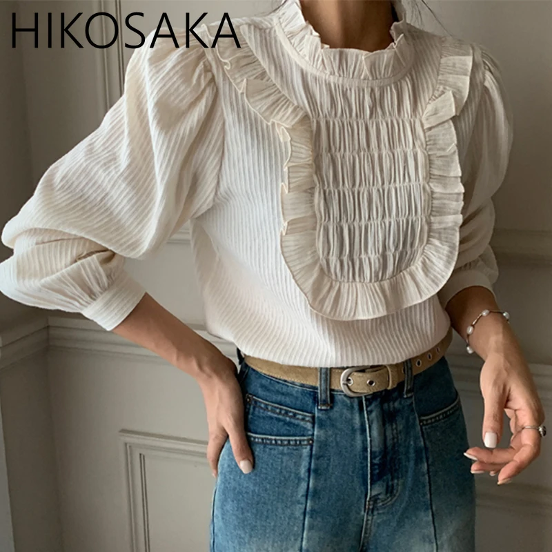 

Korean Chic Sweet Fungus Stand Collar Blouse Pleated Puff Sleeve All-match Shirts 2024 Spring New Loose Casual Blusas Mujer