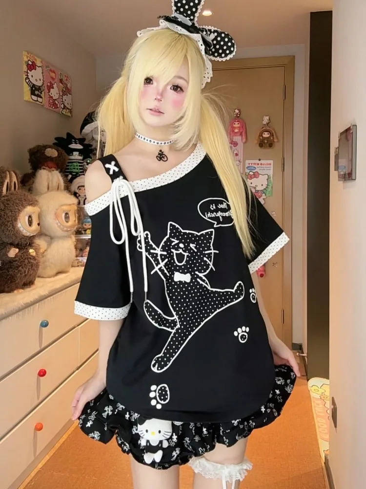 

HOUZHOU Kawaii Polka Dot Women T-shirts Off Shoulder Cat Printed Short Sleeve T-shirts Anime White Black Tops Soft Girl Cutecore