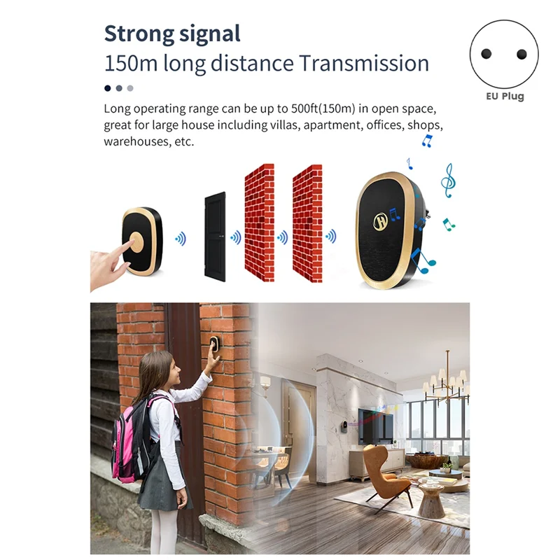 Timbre inalámbrico RGB, luz colorida, 38 pistas musicales, timbre de puerta cinético de 4 niveles para exteriores, alcance de 150M